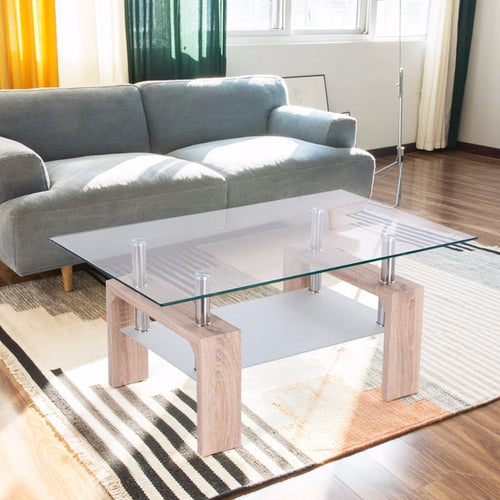 Goplus Rectangular Glass Coffee Table with Storage Shelf Modern Wood Legs Side Coffee Table Living Room Home Furniture HW52022